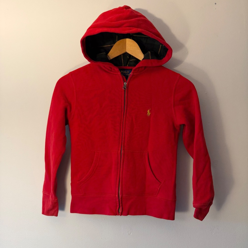 Polo Ralph Lauren Kids Red Full Zip Plaid Lined Hoodie Sweatshirt Size S 8